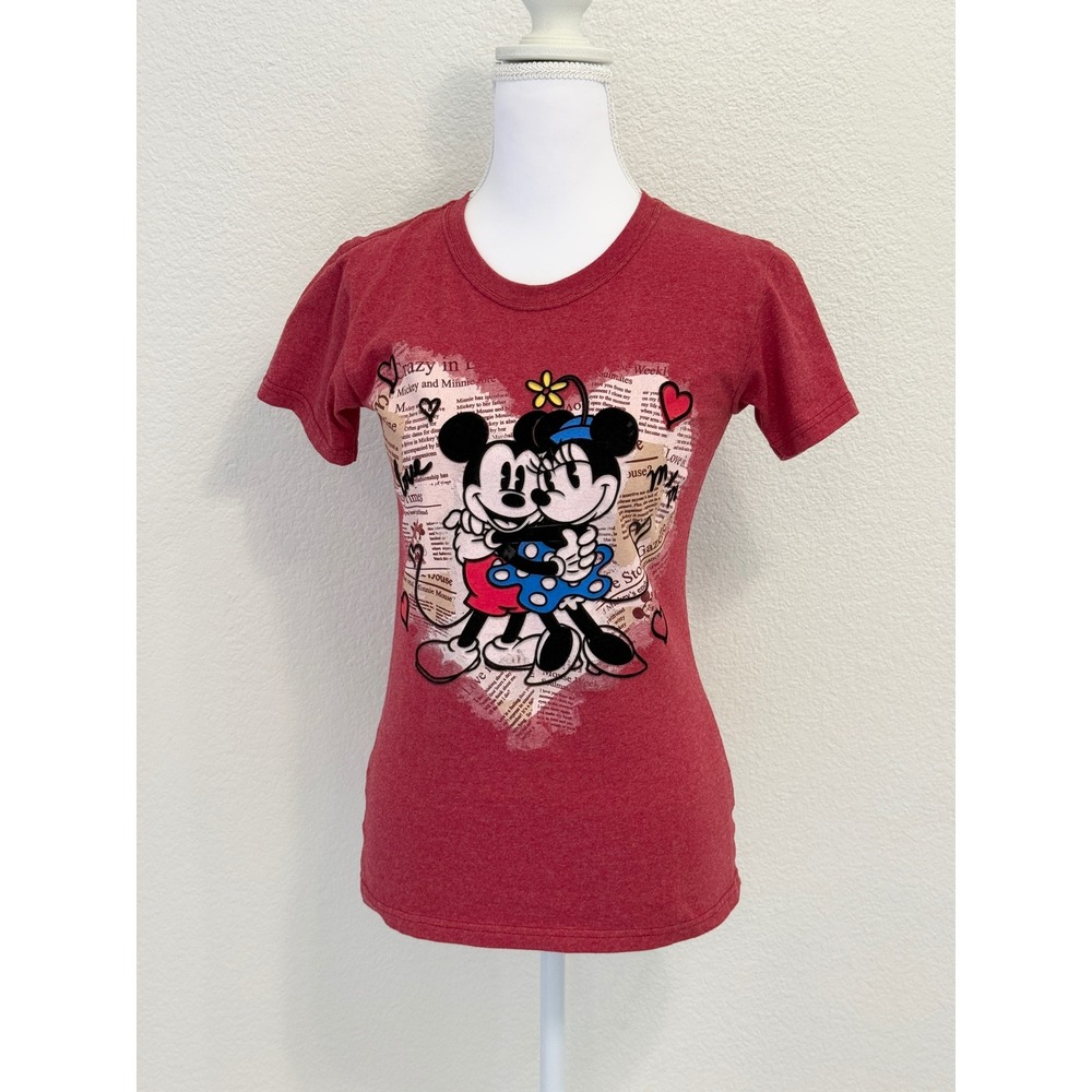 Disney Store Mickey Minnie Mouse Newspaper Heart Graphic T-Shirt Red Heather XS
